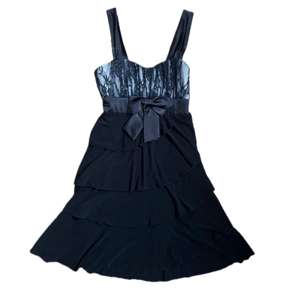 Vintage Black Tiered Dress Size XXS XS Satin Bow Lace Bodice Twee Whimsigoth